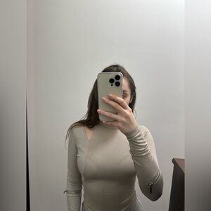 Maniere de Voir Beige Long Sleeve Bodysuit with Zipper Details